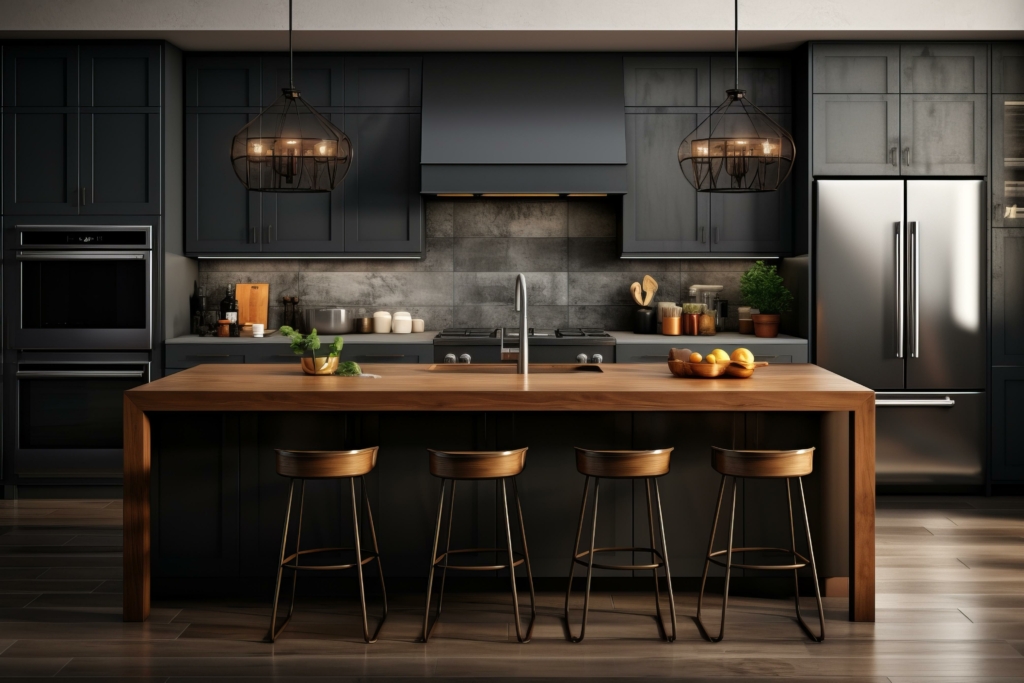 Modern dark kitchen with wood island and black appliances