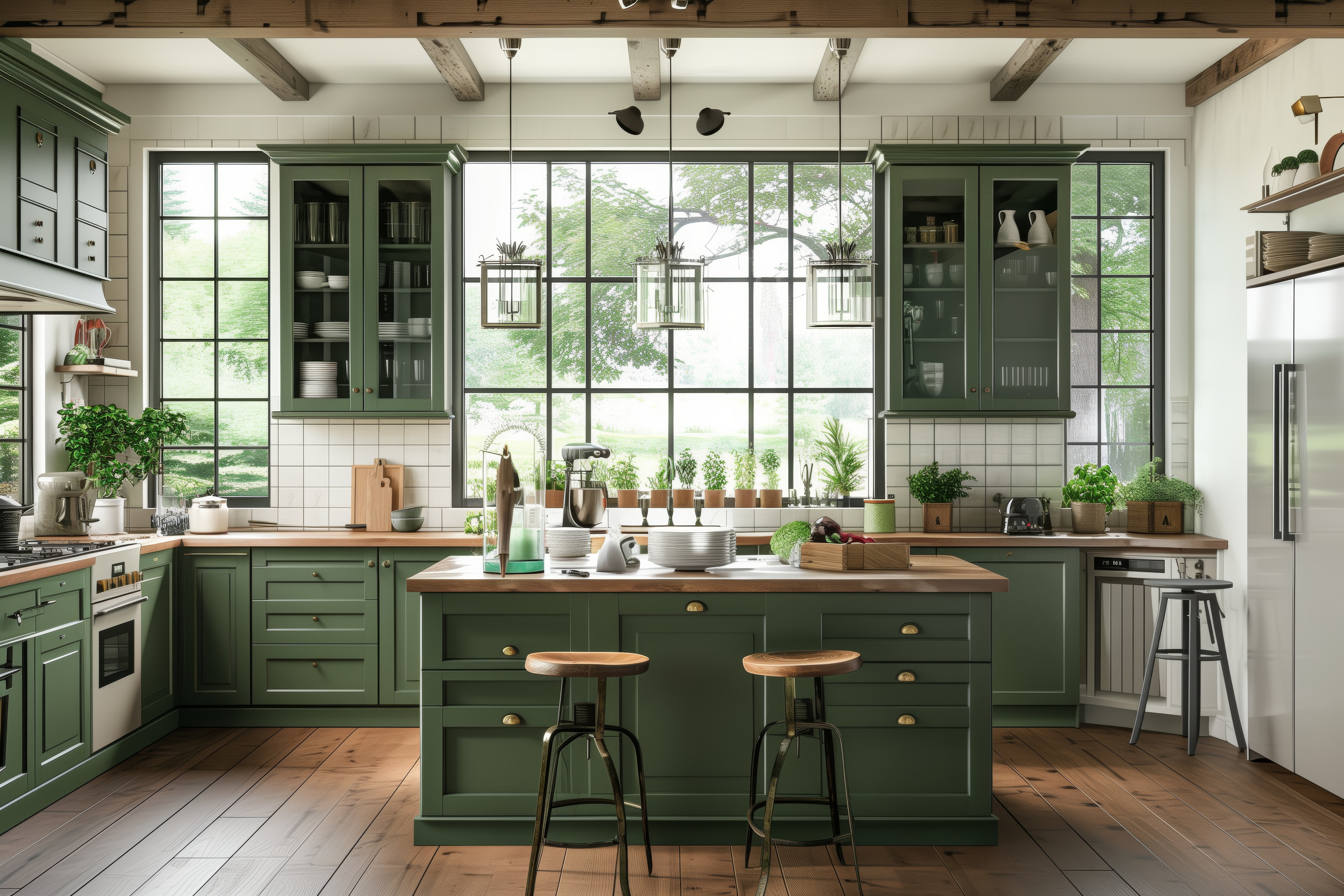 Contemporary kitchen setup with green cabinets and pleasurable natural light, offering a clean and chic look Cabinet Corner