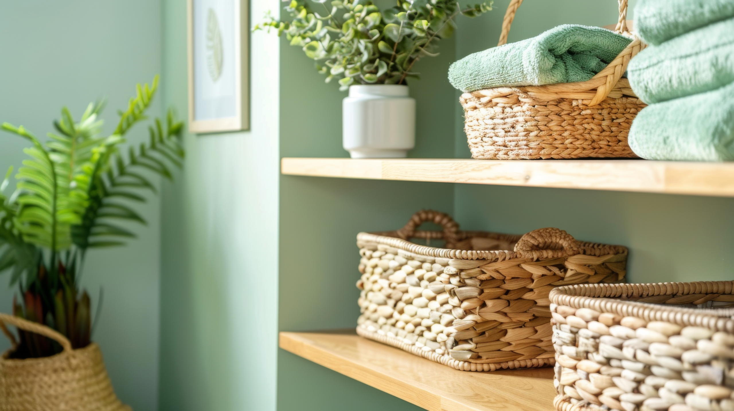 built shelving and woven storage bins