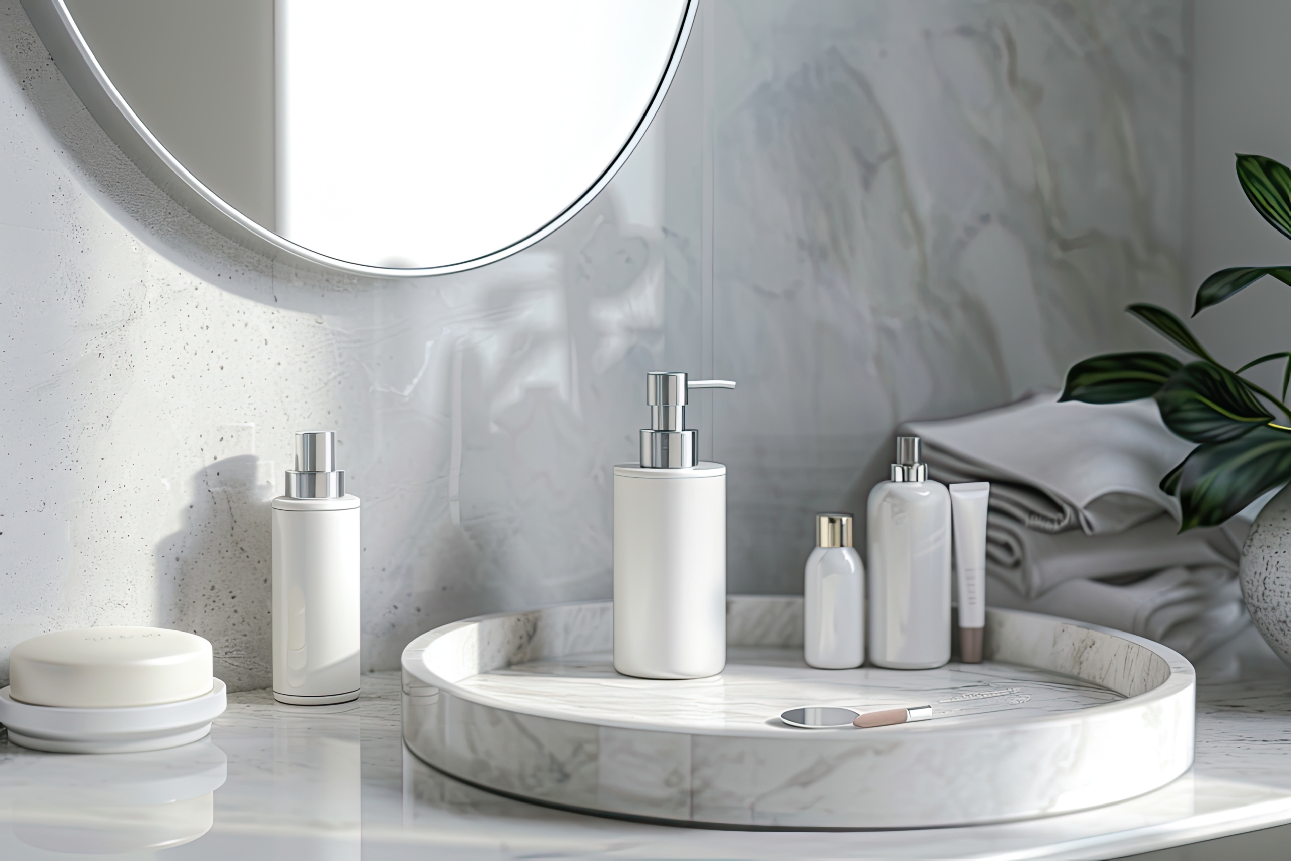 cosmetic products on white marble countertop in bathroom