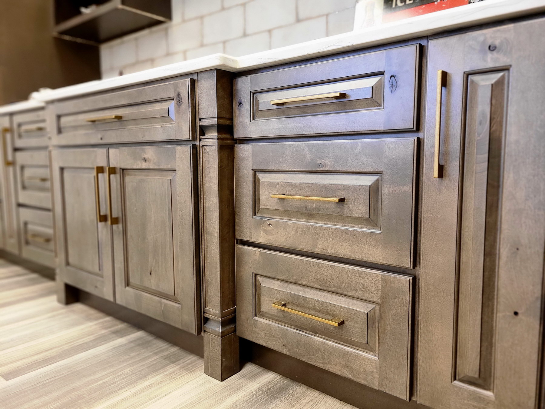 A row of medium brown cabinets