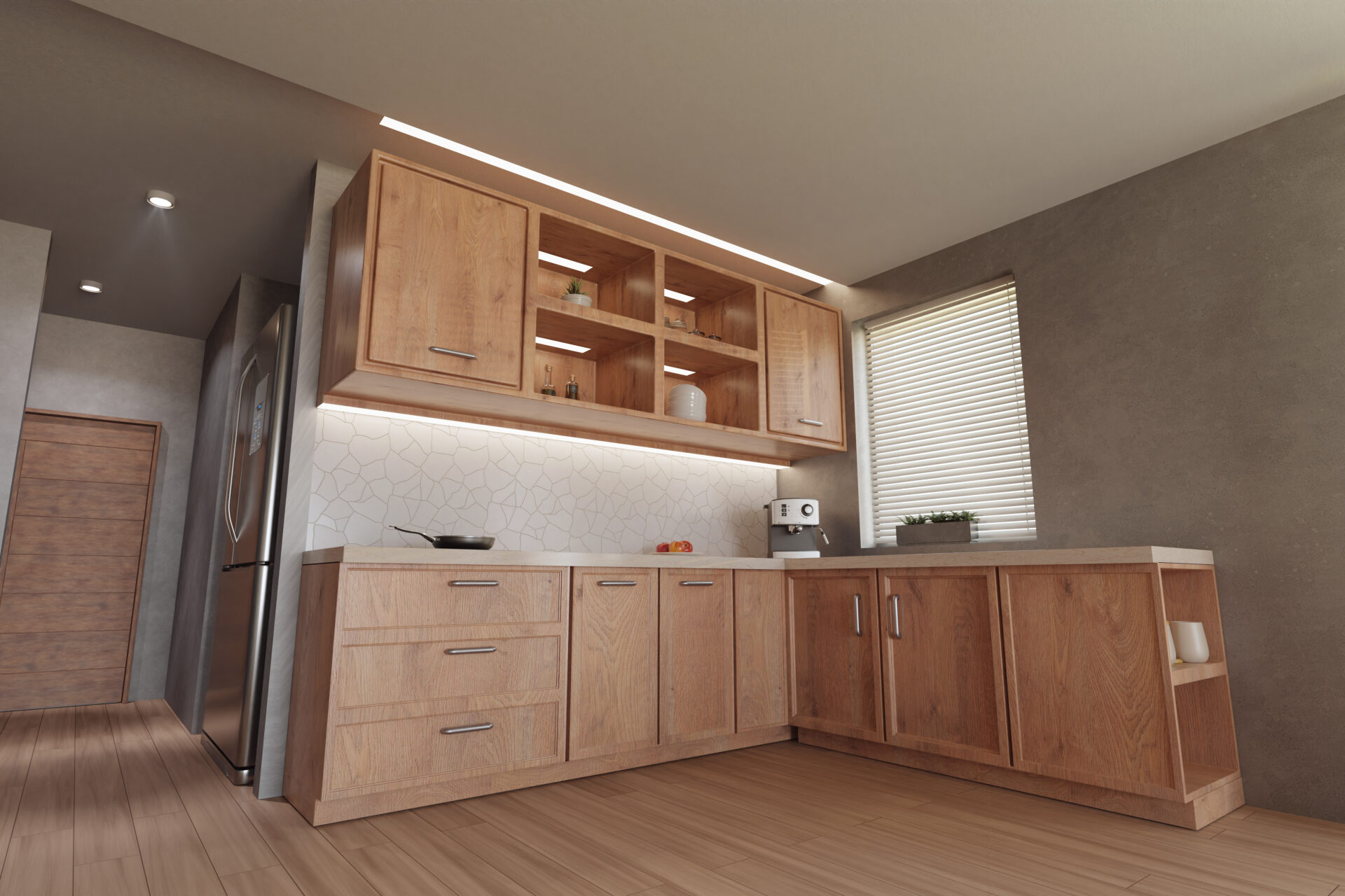 Wooden cabinets in a kitchen